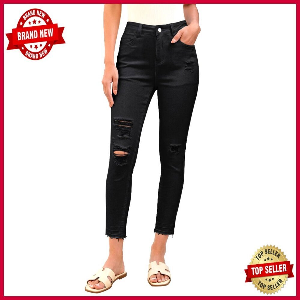 Skinny Cropped Jeans High Waisted Distressed Ripped Stretchy Denim Pants